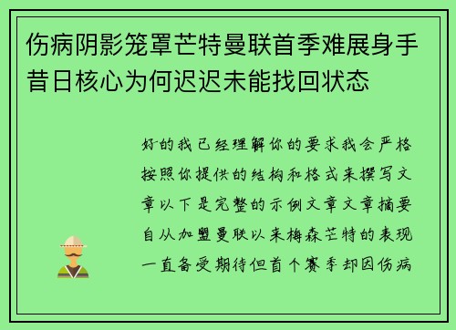 伤病阴影笼罩芒特曼联首季难展身手昔日核心为何迟迟未能找回状态